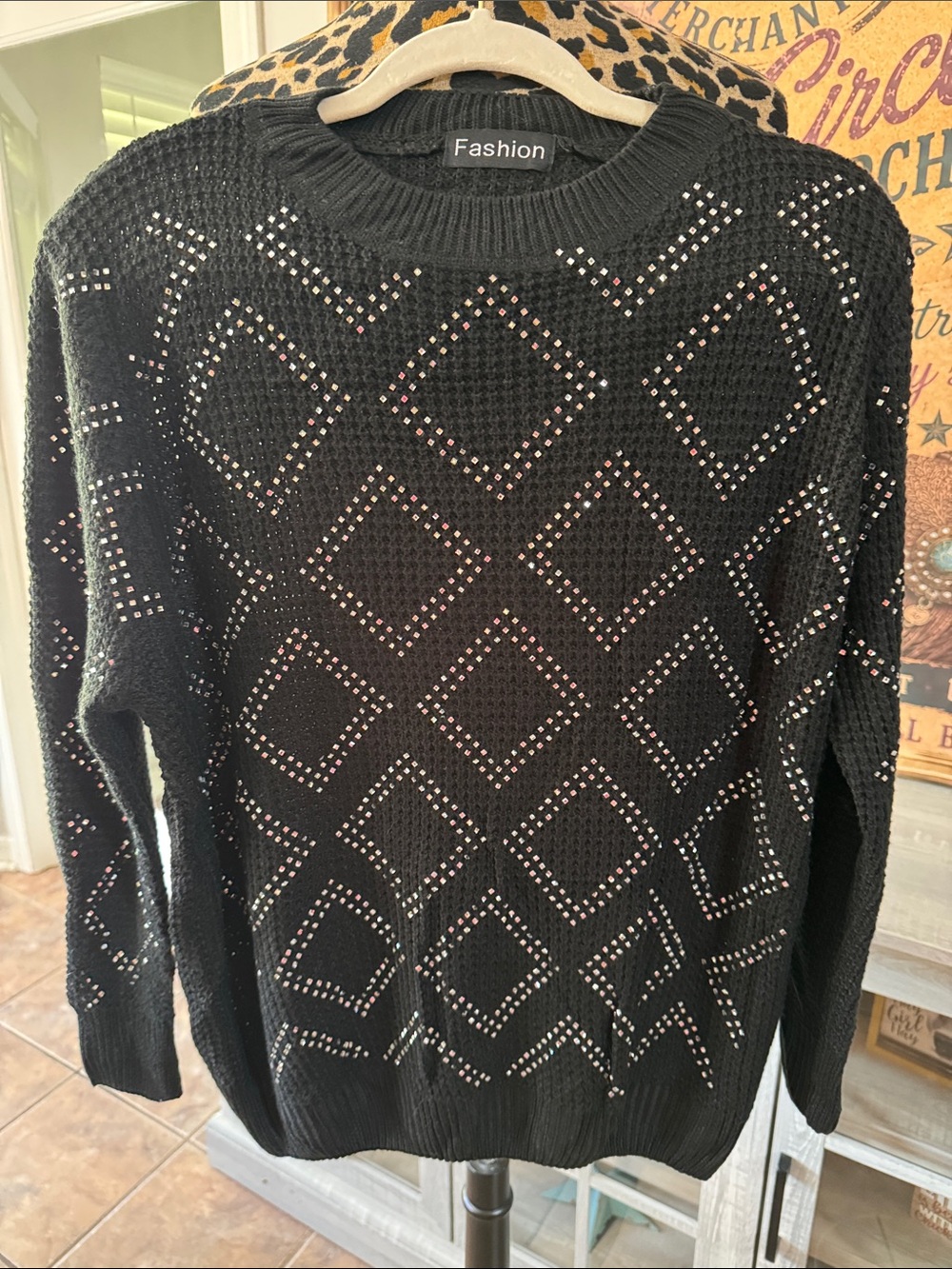 Fashion Black Sequin Diamond-Pattern Sweater Sz Large